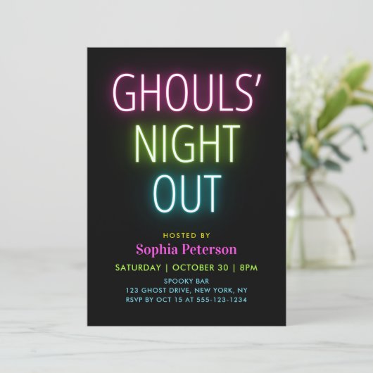 Neon Lights Ghouls Night Out Halloween-Party Einladung (Stehend Vorderseite)