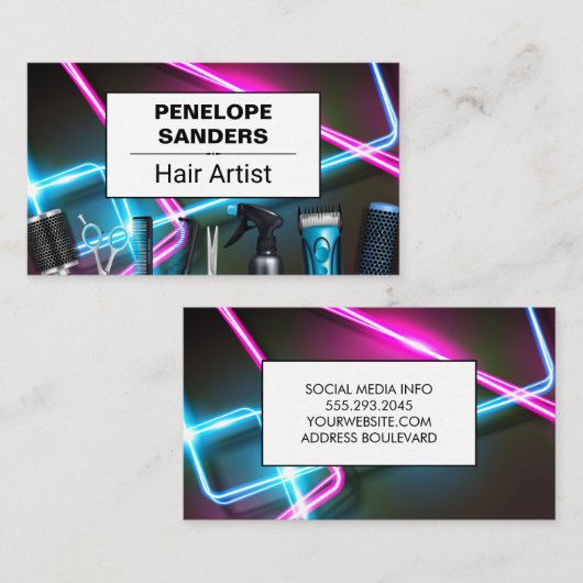 Neon Lights | Hair Tools Business Card Visitenkarte (Vorne/Hinten)