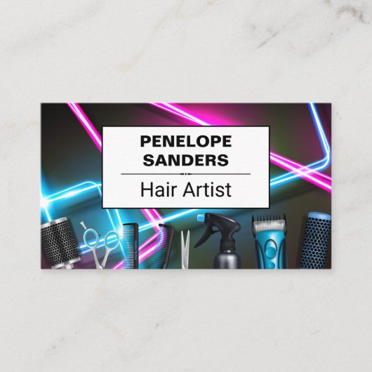 Neon Lights | Hair Tools Business Card Visitenkarte (Vorderseite)