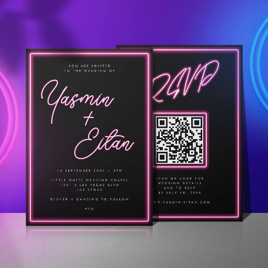 Neon Lights Hot Pink Black QR Code Hochzeit Einladung