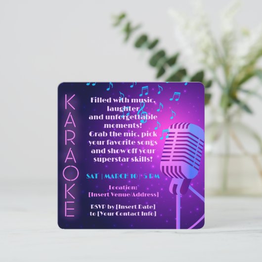Neon Lights & Microphone Karaoke Party Einladung (Stehend Vorderseite)