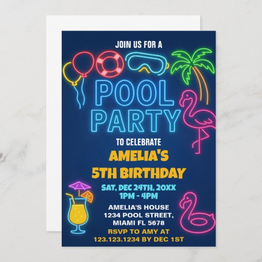 Neon Lights Pool Einladung zum Geburtstag (Vorne/Hinten)