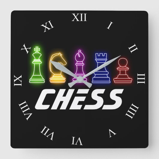 Neon Lights Schach Pieces Schach King Quadratische Wanduhr (Vorderseite)
