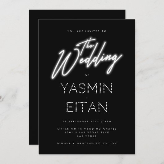 Neon Lights Schwarz-weiße informelle Hochzeit Einladung (Vorne/Hinten)