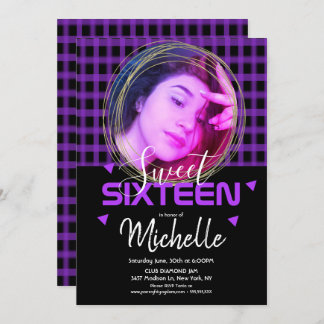 Neon Lila 16 . Geburtstag Gold Ring Foto Grid Einladung