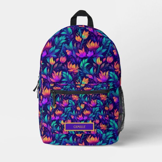 Neon Lila Aquamarin Orange Monogram Name Camp Bedruckter Rucksack (Vorderseite)