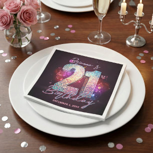 Neon-Lila-Diskokugel-Musiknoten 21. Geburtstag Serviette