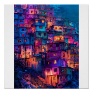 Neon-Lila-Favela-Nacht - Lebendige Hügelstadt-Szen Poster