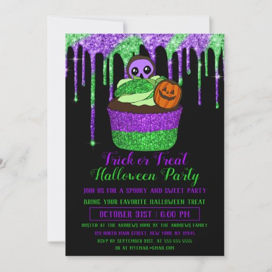 Neon Lila Green Glitzer Cupcake Halloween Einladung (Vorderseite)