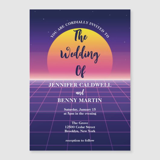 Neon Lila Retro 80er Synthwave Sunset Wedding Magneteinladung (Vorderseite)