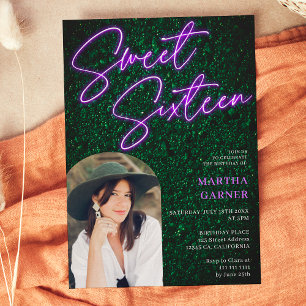 Neon lila signieren Skript grün Foto arch Sweet 16 Einladung
