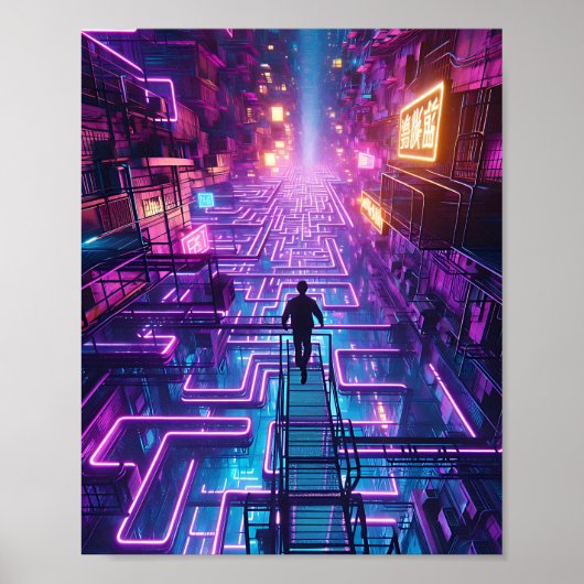 Neon Lila Urban Maze - Dystopian City Labyrinth Poster (Vorne)
