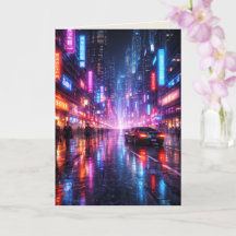 Neon-Lit Cyber Punk City at Night Blank Art Card