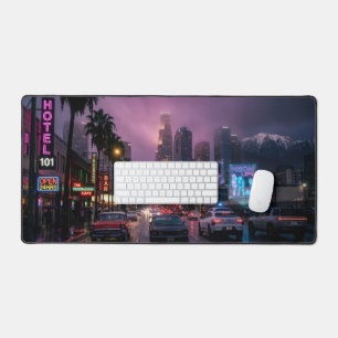 Neon Los Angeles Regen Cyberpunk Retro Schreibtischunterlage