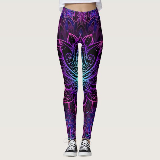 Neon Lotus Blume Boho Print Leggings (Vorderseite)