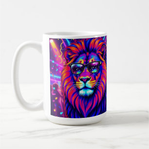 Neon Löwe Party Tier – Farbige Retro-Grafik Kaffeetasse