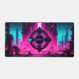 Neon Magenta Cyan Cyberpunk City Obey Gamer Schreibtischunterlage