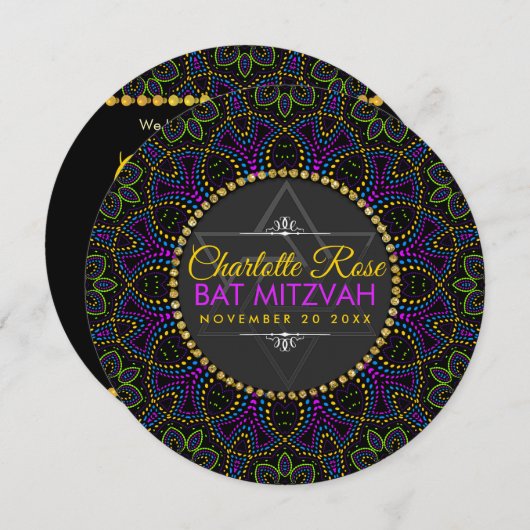 Neon Mandala Groovy Bat Mitzvah Runde Einladung (Vorne/Hinten)