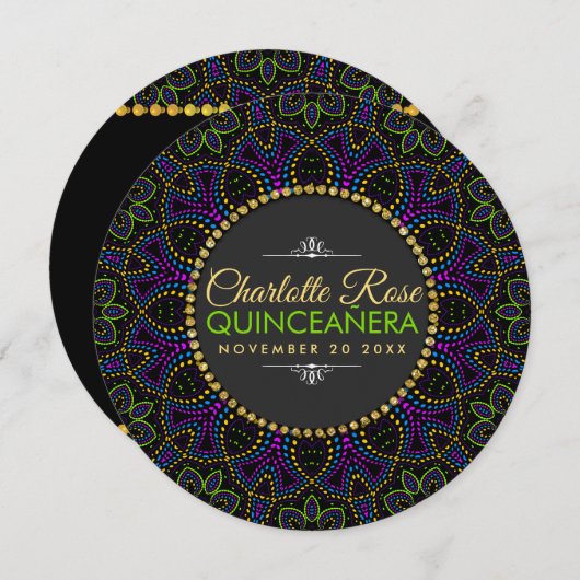 Neon Mandala Groovy Quinceañera Runde Einladung (Vorne/Hinten)