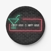 Neon marquee Happy Hour-Zeichen Pappteller (Vorderseite)