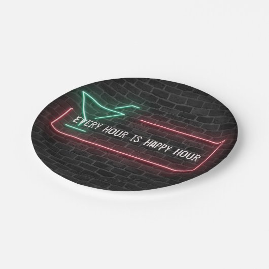Neon marquee Happy Hour-Zeichen Pappteller (Schrägansicht)