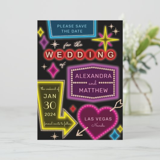 Neon Marquee Signs Las Vegas Save the Date Einladung (Stehend Vorderseite)