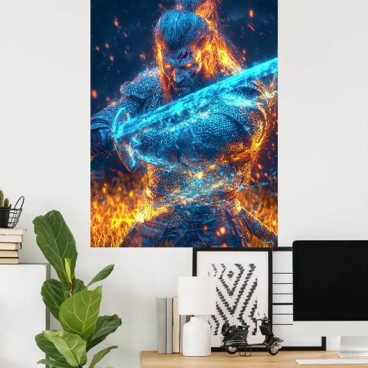 Neon Medieval Warrior - Cyber Fantasy Knight Poster (Heimbüro)