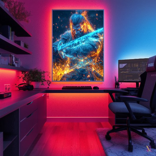 Neon Medieval Warrior - Cyber Fantasy Knight Poster