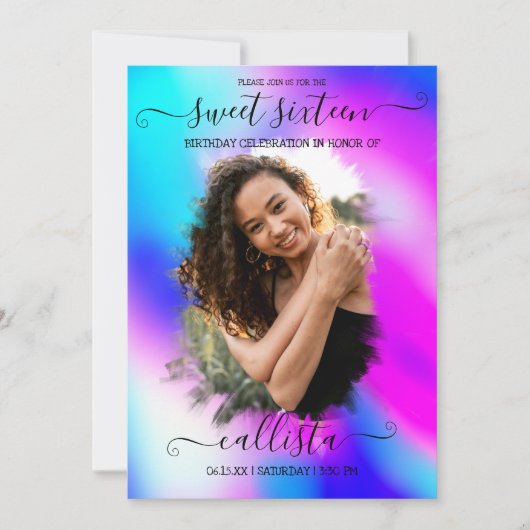 Neon Mermaid Holographic Foto Collage Sweet 16 Einladung (Vorderseite)