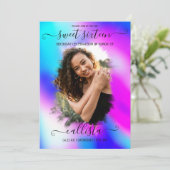Neon Mermaid Holographic Foto Collage Sweet 16 Einladung (Stehend Vorderseite)