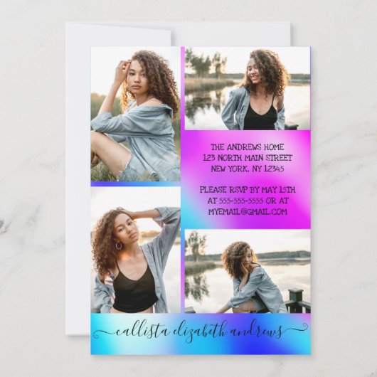 Neon Mermaid Holographic Foto Collage Sweet 16 Einladung (Rückseite)