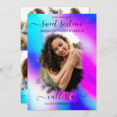 Neon Mermaid Holographic Foto Collage Sweet 16 Einladung (Vorne/Hinten)