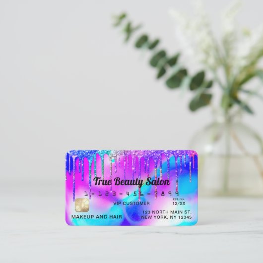 Neon Mermaid Holographic Glitzer Tropfens Credit Visitenkarte (Stehend Vorderseite)