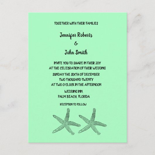 Neon Mint 2020 Starfish Patterns Elegant Wedding Einladungspostkarte (Vorderseite)