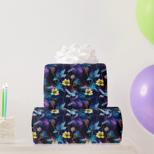 Neon-Mitternachts-Botanik-Blumenmuster Geschenkpapier (Partygeschenke)