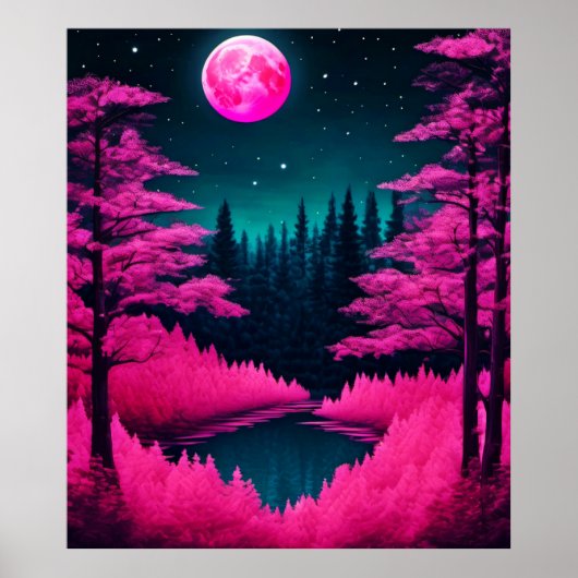 Neon Moonlit Forest Fantasy Art Poster (Vorne)