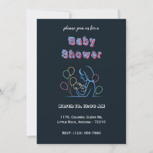 Neon Mother and Baby with Balloons - Babydusche Einladung
