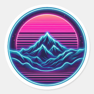 Neon Mountain Circle Design - Retro Outdoor Aesthe Runder Aufkleber