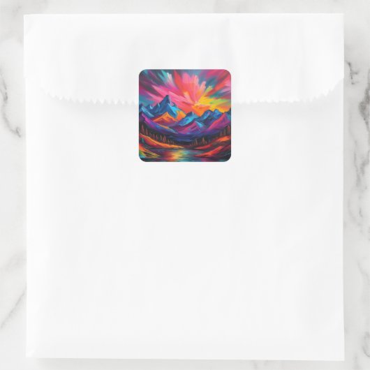 Neon Mountain Sunset Quadratischer Aufkleber (Tasche)