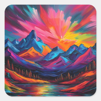 Neon Mountain Sunset Quadratischer Aufkleber