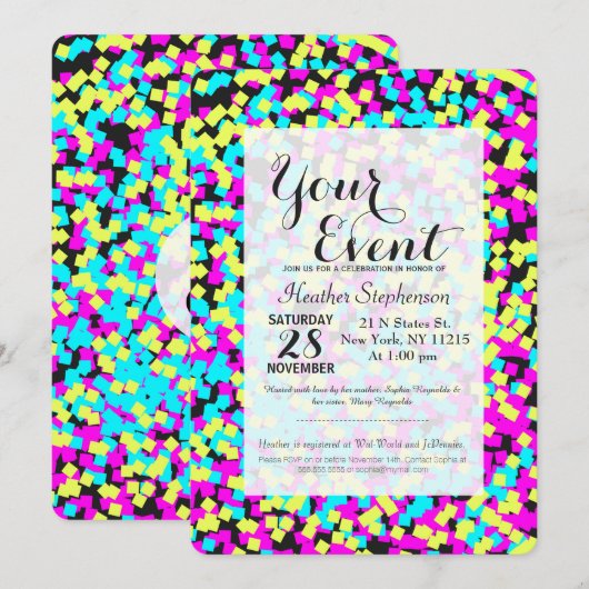 Neon Multifarbener Fun Confetti Einladung (Vorne/Hinten)