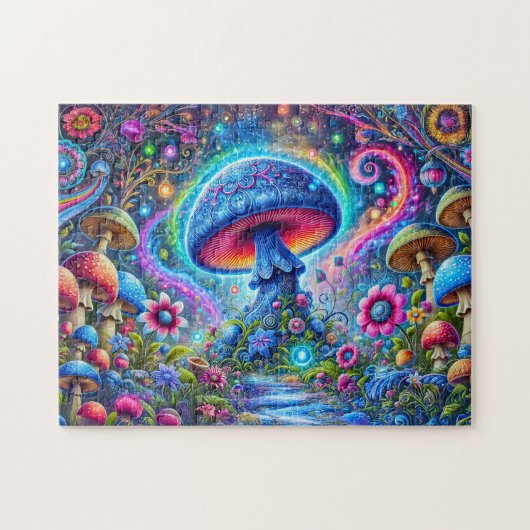 Neon Mushroom Glow Psychedelic Fantasy Forest Puzzle (Horizontal)