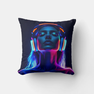 Neon-Musik-Meditation – Frau mit Kopfhörern Kunst Kissen