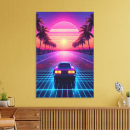Neon-Nachtfahrt: Retro 80er Synthwave Sonnenunterg Leinwanddruck