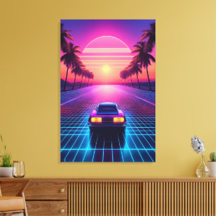 Neon-Nachtfahrt: Retro 80er Synthwave Sonnenunterg Leinwanddruck