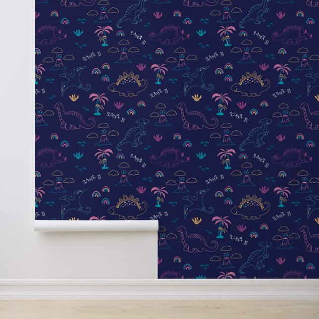 Neon-Navy-Dinosaur-Doodle-Tapete Tapete (Anwendung)