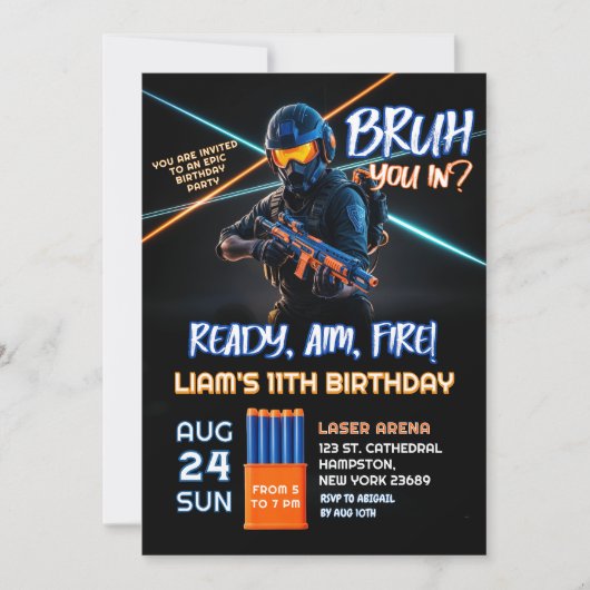 Neon Nerf Battle Dart Gun Game Birthday Boy Einladung (Vorderseite)