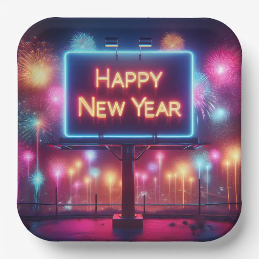 Neon New Year Reklametafeln Pappteller (Vorderseite)