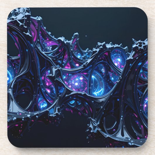 Neon Nexus: Interwoven Techno-Bio Struktur Getränkeuntersetzer (Vorderseite)