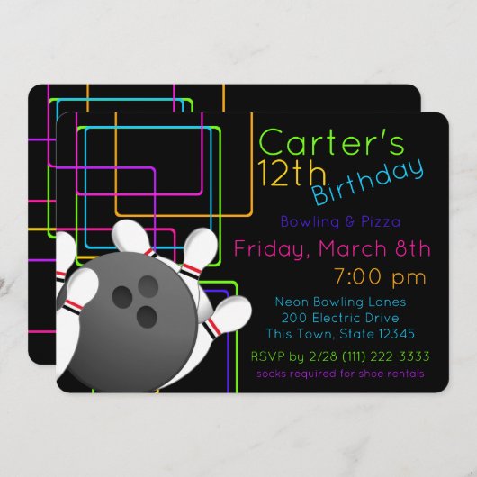 Neon Night Glow Bowling Birthday Einladung (Vorne/Hinten)